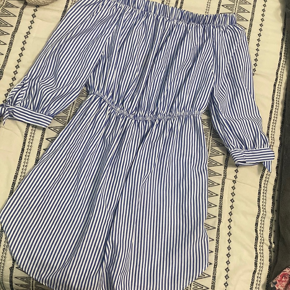 Cute blue and white stripped off the shoulder dress worn twice!